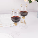 Set of 6 Gold Rimmed Crystal Wine Goblet Glasses with Rhinestones Studded Stem, 16oz Handblown Glass