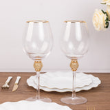 Set of 6 Gold Rimmed Crystal Wine Goblet Glasses with Rhinestones Studded Stem, 16oz Handblown Glass