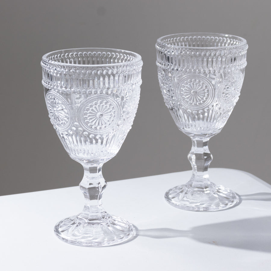 6-Pack Clear Vintage Goblets 11oz – Embossed Glass Cocktail & Wine Glasses with Floral Design
