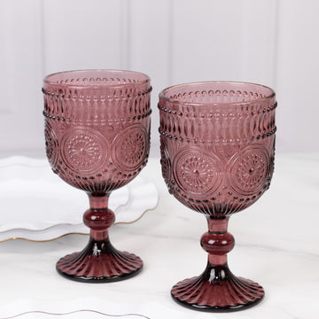 6-Pack Wine Glasses Dusty Rose Vintage Embossed Design with Textured Floral Pattern - Short Stemmed Glasses for Drinks & Cocktails 12oz