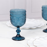 Vintage Embossed Goblet Wine Glasses, Short Stemmed Ocean Blue 12oz