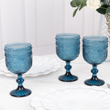 Vintage Embossed Goblet Wine Glasses, Short Stemmed Ocean Blue 12oz