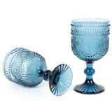 Vintage Embossed Goblet Wine Glasses, Short Stemmed Ocean Blue 12oz