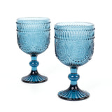 Vintage Embossed Goblet Wine Glasses, Short Stemmed Ocean Blue 12oz