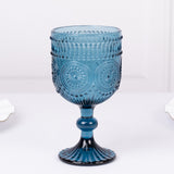 Vintage Embossed Goblet Wine Glasses, Short Stemmed Ocean Blue 12oz