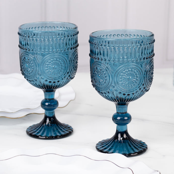 Vintage Embossed Goblet Wine Glasses, Short Stemmed Ocean Blue 12oz