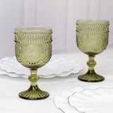 Vintage Embossed Goblet Wine Glasses, Short Stemmed Dusty Sage Green 12oz