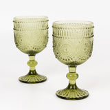 Vintage Embossed Goblet Wine Glasses, Short Stemmed Dusty Sage Green 12oz