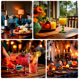 Colorful decorative goblets filled with drinks on a beautifully set table.