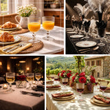 Elegant table settings with glasses, flowers, and food in various settings.