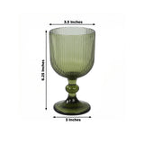 Green ribbed glass goblet with dimensions labeled 6.25 x 3.5 x 3 inches