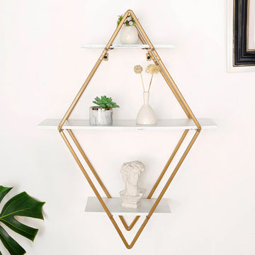 31" Geometric Diamond Shaped 3-Tier Gold Metal Dessert Cupcake Stand Rack, Wall Hanging Display Shelf Display, Book Shelf With White Wood Panels