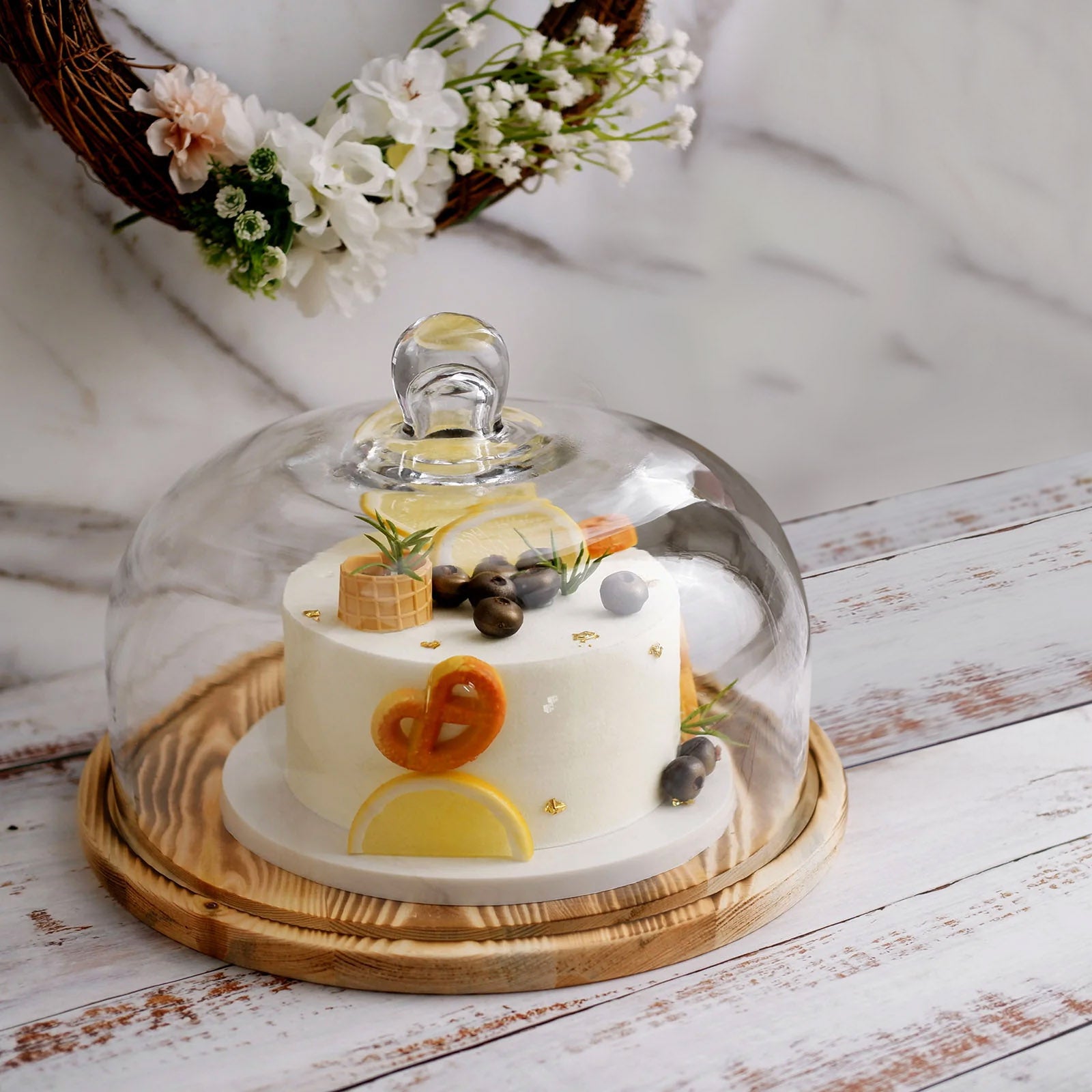 French Grey Ruffle Cake Stand with Dome - Magnolia