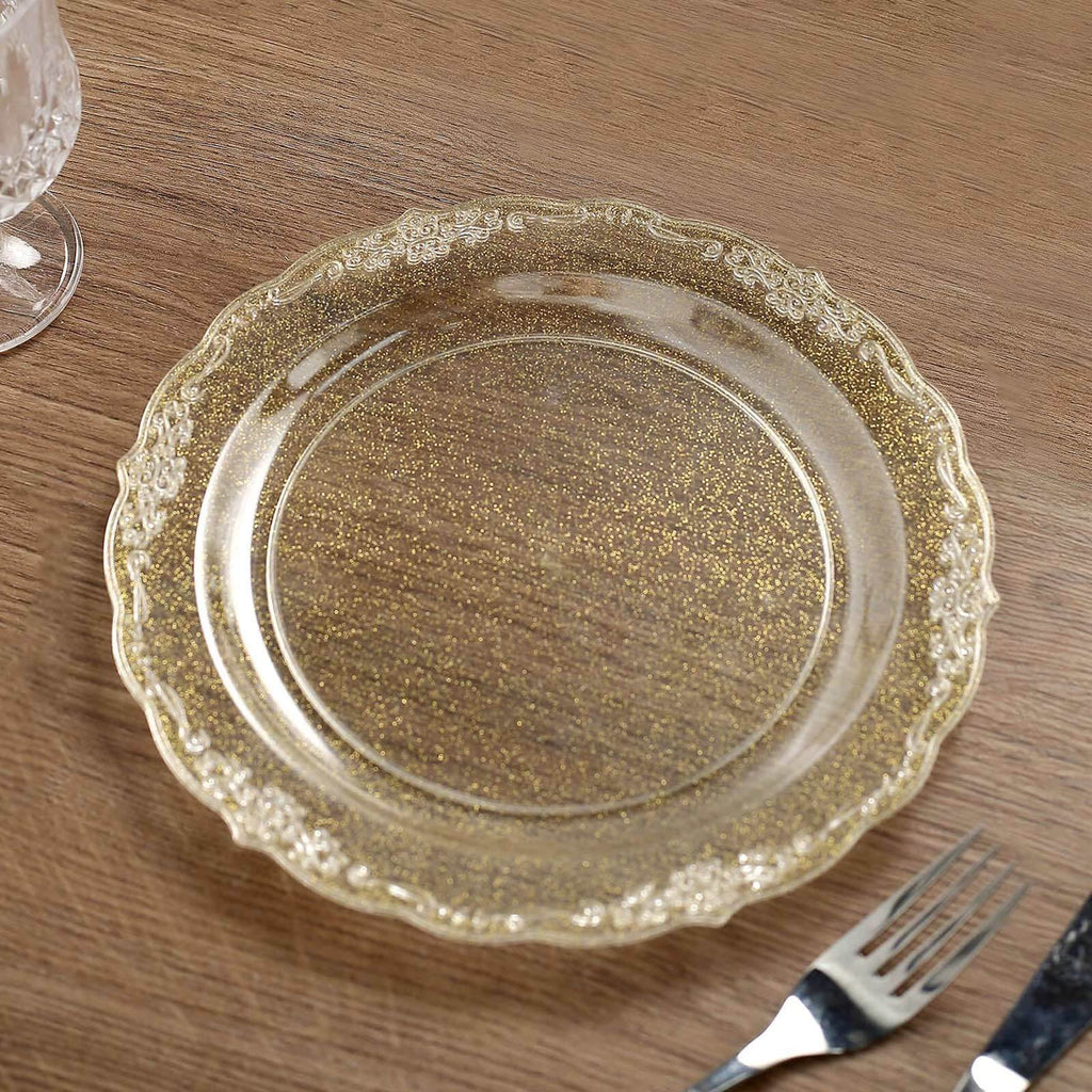 10 Pack 9" Glittered Premium Plastic Dinner Plates, Disposable Round