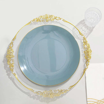 10 Pack 10" Glossy Dusty Blue Round Disposable Dinner Plates With Gold Rim, Plastic Party Plates