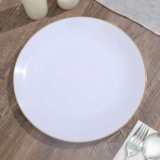 Elegant and Classy: 10 Pack of Glossy White Round Disposable Dinner Plates with Gold Rim