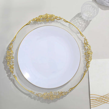 10 Pack 10" Glossy White Round Disposable Dinner Plates With Gold Rim, Plastic Party Plates
