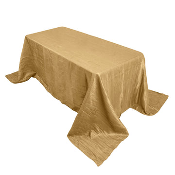 90"x132" Gold Accordion Crinkle Taffeta Seamless Rectangular Tablecloth for 6 Foot Table With Floor-Length Drop