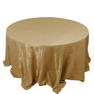 132" Gold Accordion Crinkle Taffeta Seamless Round Tablecloth for 6 Foot Table With Floor-Length Drop