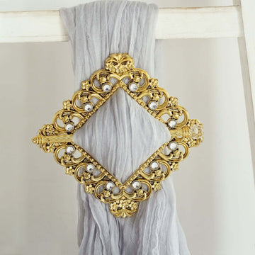 Set of 2 7" Gold Barrette Style Diamond Backdrop Drapery Holdbacks, Square Acrylic Crystal Curtain Brooch Tie Backs