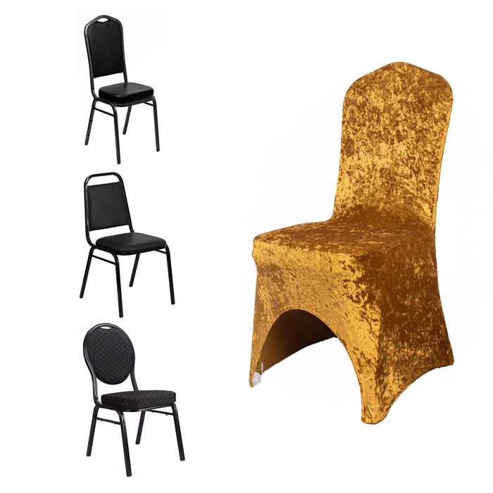 Gold Crushed Velvet Spandex Stretch Wedding Chair Cover With Foot Pockets - 190GSM
