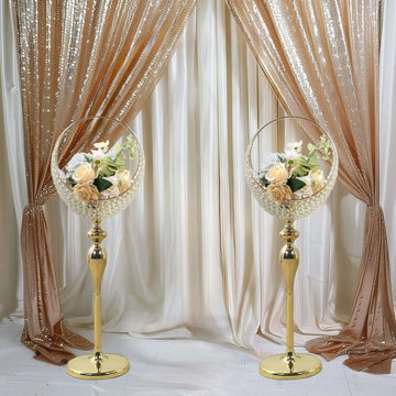 Gold Crystal Beaded Metal Flower Stand in Half Moon Basket Design, 3ft Tall Candle Holder Wedding Table Centerpiece Floor Stand with Round Stable Base