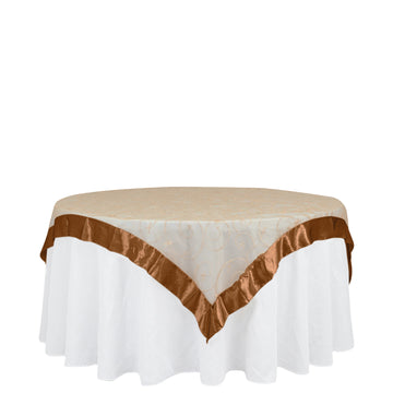 60"x60" Gold Embroidered Sheer Organza Square Table Overlay With Satin Edge