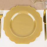 11inch Gold Heavy Duty Disposable Baroque Dinner Plates with Gold Rim, Hard Plastic Dinnerware
