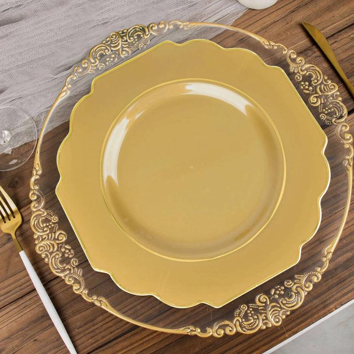 11inch Gold Heavy Duty Disposable Baroque Dinner Plates with Gold Rim, Hard Plastic Dinnerware