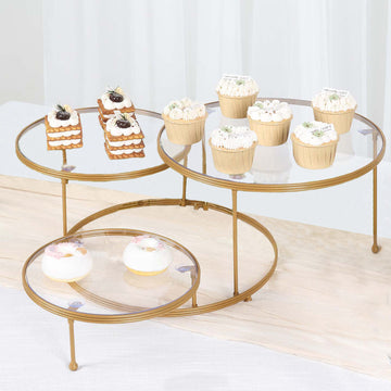 23" 3-Tier Gold Metal Cake Stand With Clear Round Acrylic Plates, Cupcake Dessert Display Holder