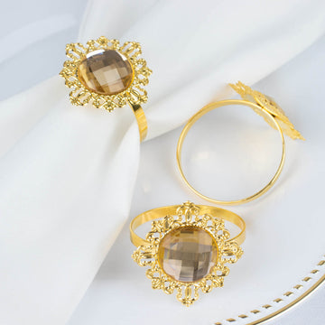 6 Pack 2" Gold Metal Crystal Rhinestone Napkin Rings, Diamond Bling Napkin Holders