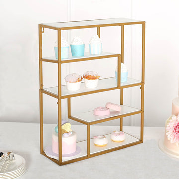 22" Gold Metal 4-Tier Dessert Cupcake Stand, Wall Hanging Shelf Display Rack, Book Shelf With White Wood Panels