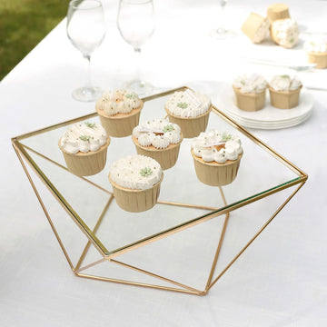 12" Gold Metal Geometric Cake Stand Display Centerpiece Pedestal Riser with Square Glass Top
