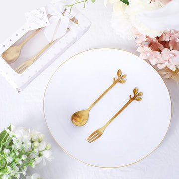 Gold Metal Spoon & Fork Pre-Packed Wedding Party Favors Set With Leaf Shaped Handle, Bridal Shower Souvenir Gift Box - 5"