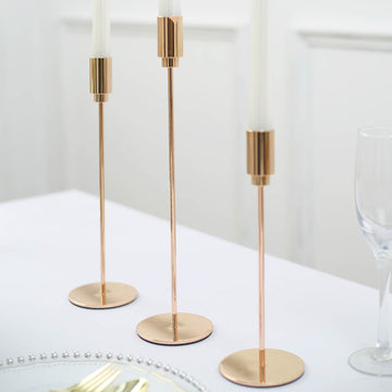 Set of 3 Gold Metal Taper Candle Holder Set, Skinny Candlestick Stand With Round Solid Base - 9",10",13"
