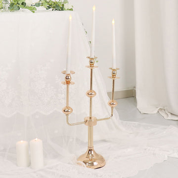 20" Gold Metal 3-Arm Taper Candle Stick Candelabra, Candle Holder Stand Wedding Centerpiece