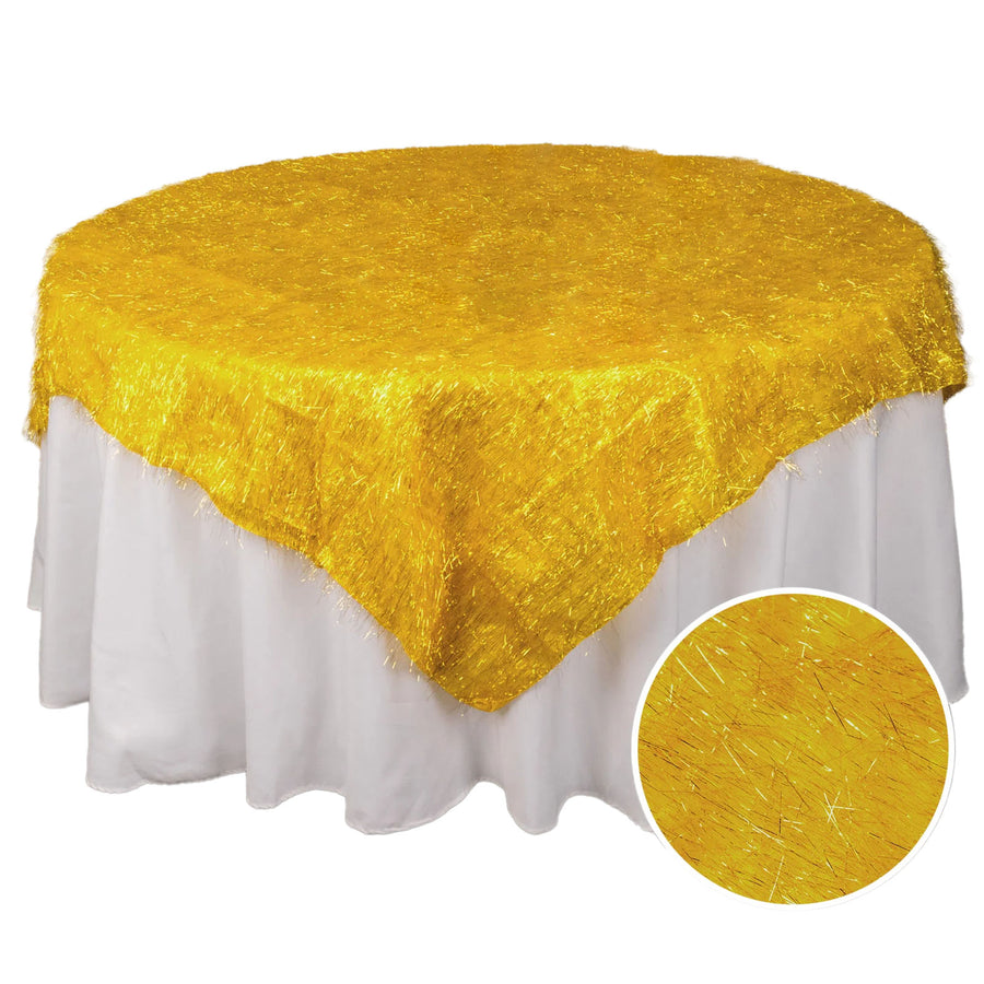72x72inch Gold Polyester Table Overlay With Metallic Tinsel Foil Fringes