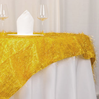 Create Unforgettable Memories with the Gold Metallic Fringe Shag Tinsel Square Polyester Table Overlay