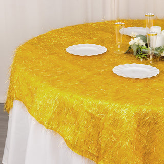 Elevate Your Event with the Gold Metallic Fringe Shag Tinsel Square Polyester Table Overlay
