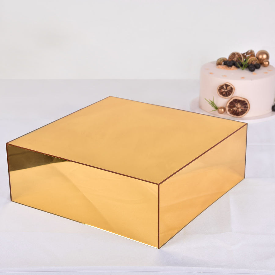 Gold Acrylic Cake Box Stand, Mirror Finish Display Box Pedestal Riser with Hollow Bottom