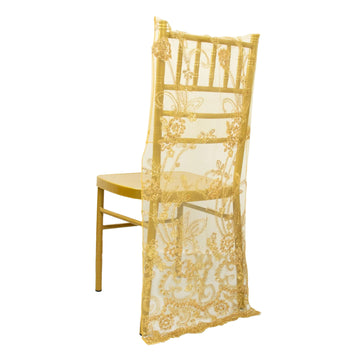 Gold Organza Floral Sequin Embroidered Chiavari Chair Back Slipcover, Wedding Chair Back Lace Cover