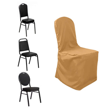 Gold Polyester Banquet Chair Cover, Reusable Stain Resistant Slip On Chair Cover