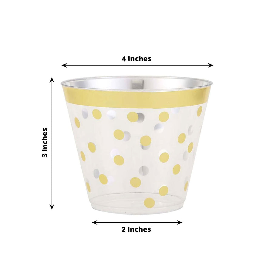 12 Pack | Gold Rim Polka Dot 9oz Plastic Cups, Disposable Tumblers