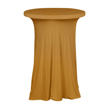 Gold Round Spandex Cocktail Table Cover With Natural Wavy Drapes