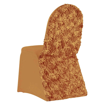 Gold Satin Rosette Spandex Stretch Banquet Chair Cover, Fitted Slip On Chair Cover