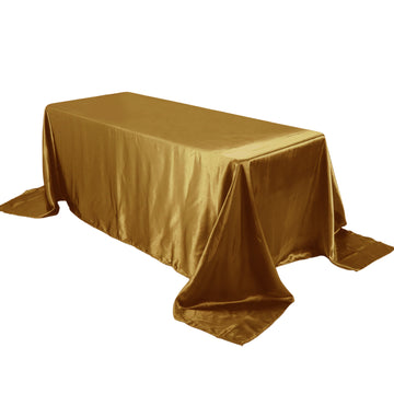 90"x132" Gold Satin Seamless Rectangular Tablecloth for 6 Foot Table With Floor-Length Drop