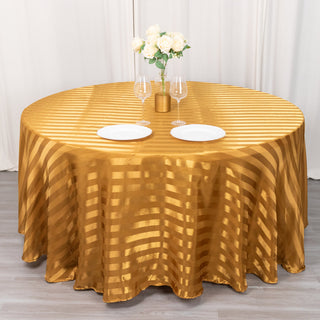 Elevate Your Table with the 120" Gold Satin Stripe Seamless Round Tablecloth