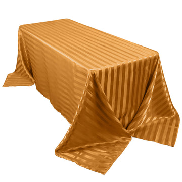 90"x132" Gold Satin Stripe Seamless Rectangular Tablecloth for 6 Foot Table With Floor-Length Drop