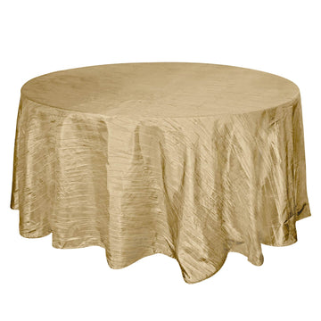 120" Gold Seamless Accordion Crinkle Taffeta Round Tablecloth for 5 Foot Table With Floor-Length Drop