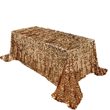 90"x132" Gold Seamless Big Payette Sequin Rectangle Tablecloth Premium for 6 Foot Table With Floor-Length Drop
